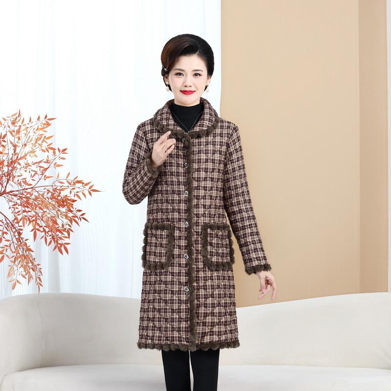 Women's Mid-Length Plaid Cotton Jacket - Maternity & Plus Velvet for Autumn/Winter Warmth, Over-the-Knee Style for Middle-Aged & Elderly