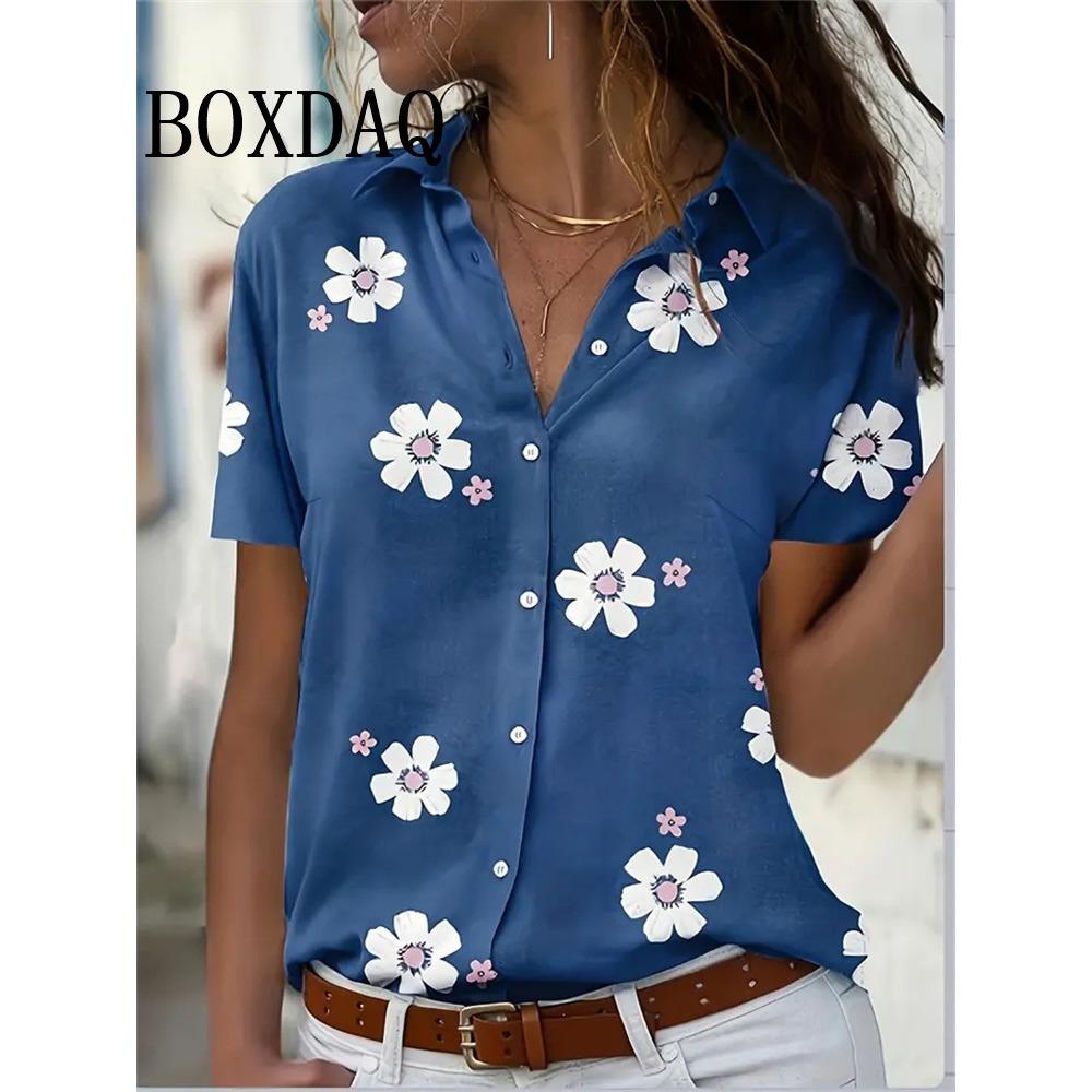 Summer Chic Women's Lapel Short-Sleeved Loose Shirts Spring Single-Breasted Tops Casual Flower Printed Blouses Women's Clothing