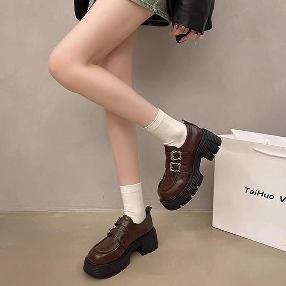 Black Thick-heeled Thick-soled One-pedal Small Leather Shoes for Women's Spring and Autumn New Retro British Style Versatile Heightening Loafers