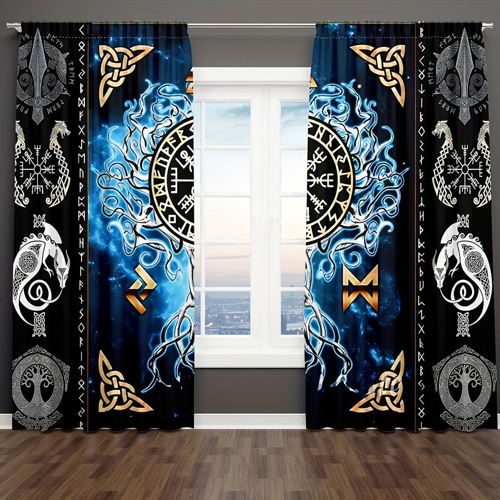 2pcs Viking-Inspired Curtains with Pirate Totem & Tree of Life Design - UV Protective, Semi-Transparent Polyester Drapes for Bed