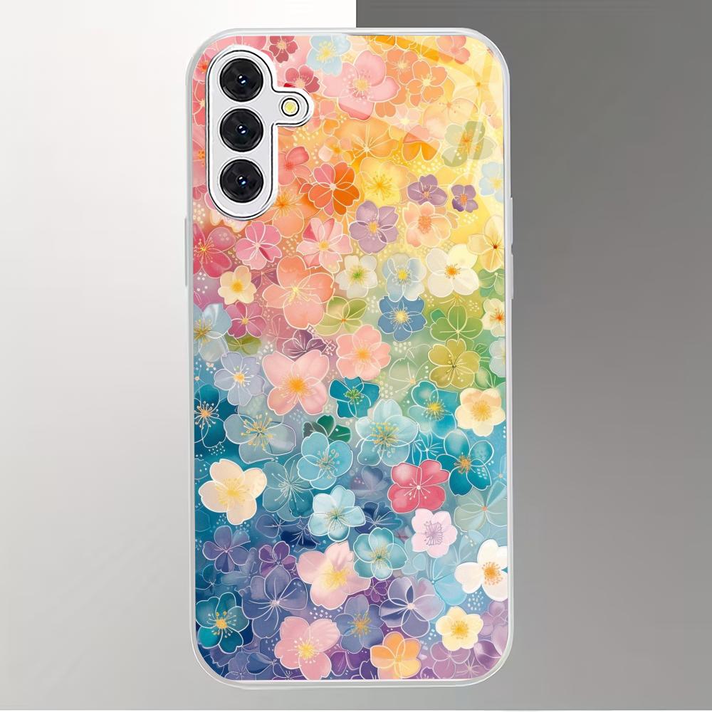 Colorful flower pattern silver plated glass phone case suitable for Samsung GalaxyS26 S25 S24 S22 S21 S20FE/Ultra/Plus anti drop