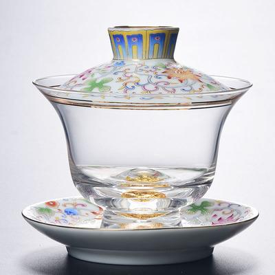 Enamel Colored Glass Gaiwan Puer Tea Bowls Crystal Tea Bowl Tureen Lid Bowl Lotus Hand Drawing Gaiwan for Travel Gai Wan Cup Set