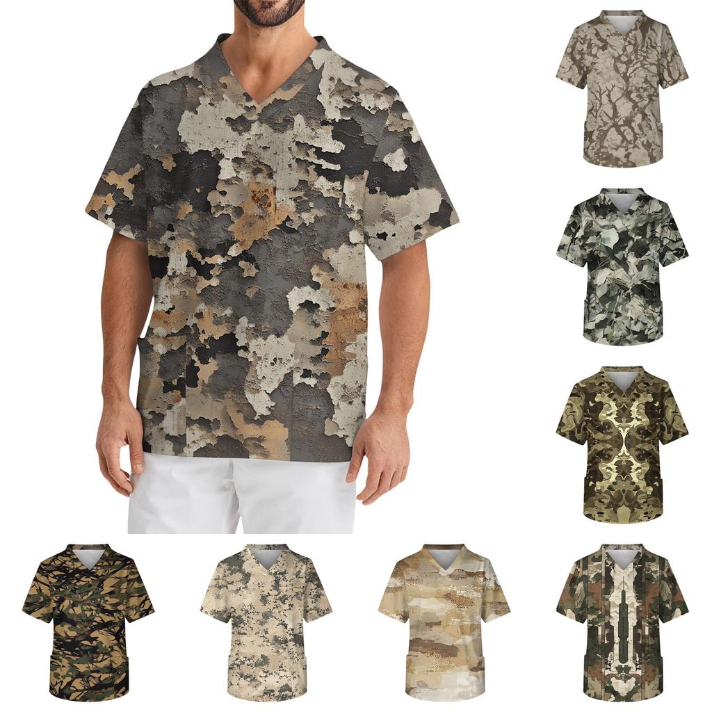 Men's Casual Short-Sleeved V-Neck Printed Front Pocket Top