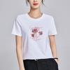 Silky Cotton Sequins Embroidered Regular Fit T Shirt Women Round Neck Short Sleeve Top