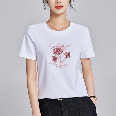 Silky Cotton Sequins Embroidered Regular Fit T Shirt Women Round Neck Short Sleeve Top