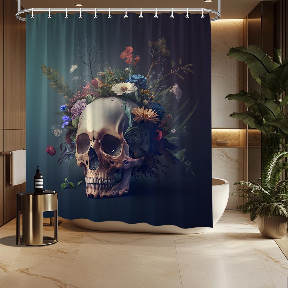 

Skull And Flowers Shower Curtain, Artistic Skull With Roses, Daisies & Lavender, Gradient Background, Polyester, 12 Hooks W60H190(CM)-1 Pcs