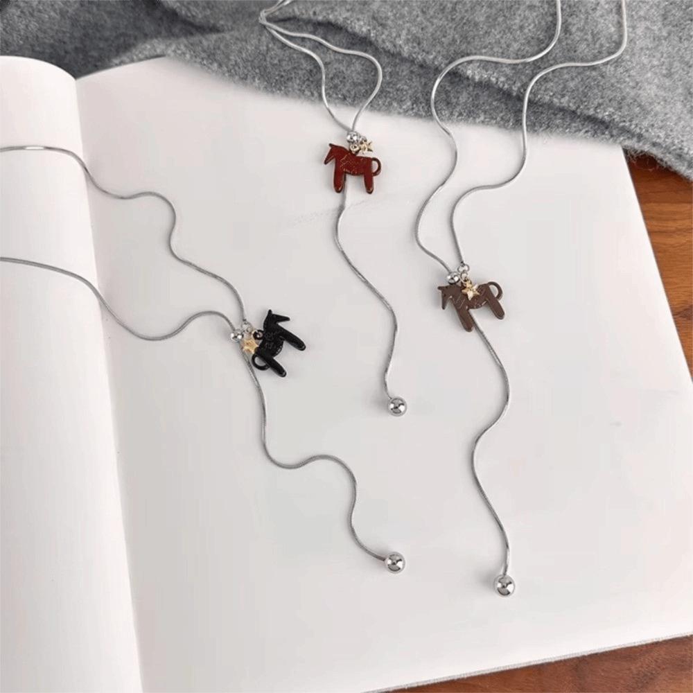 Long Horse Pendant Necklace Silver Plated Y Neck Chain Vintage Enamel Pendant Necklace  for Women