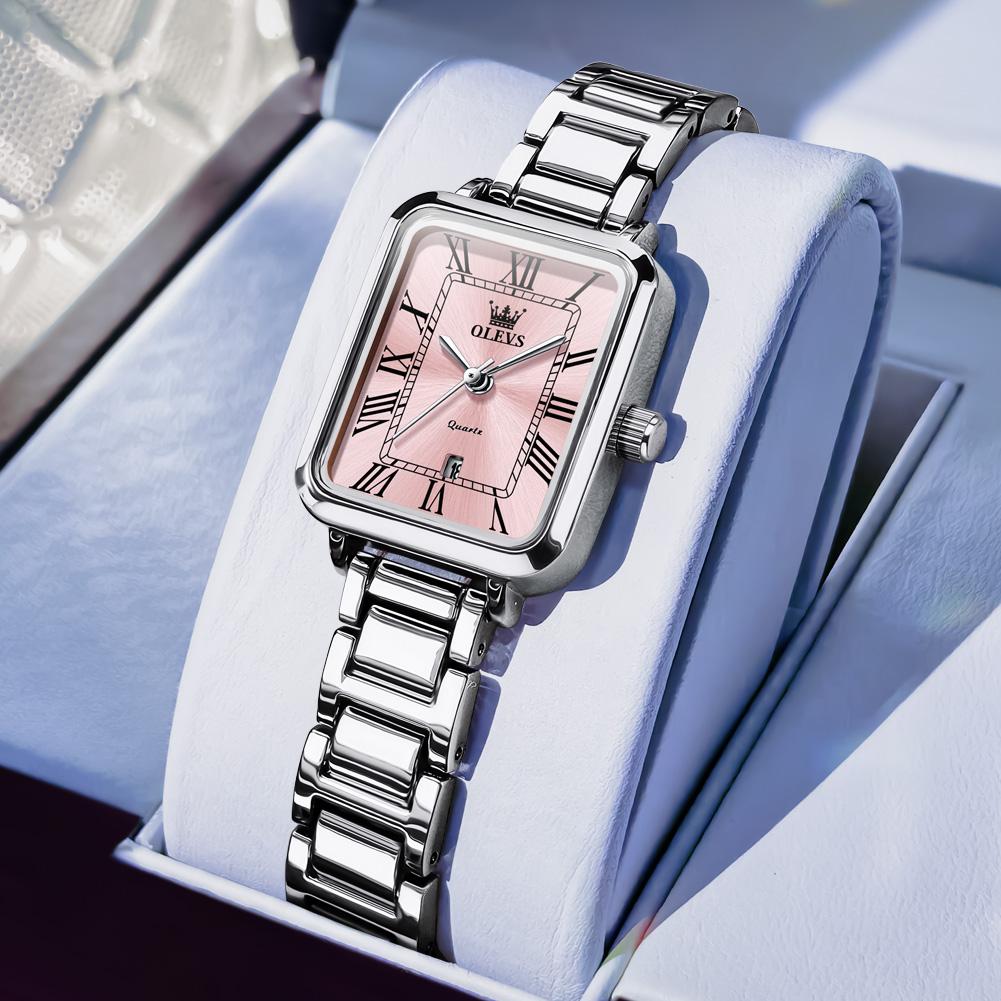 OLEVS Women's Watches 5641 Luxury Fashion Square Original Quartz Watch for Lady Rose white Dial Waterproof Date Stainless Steel