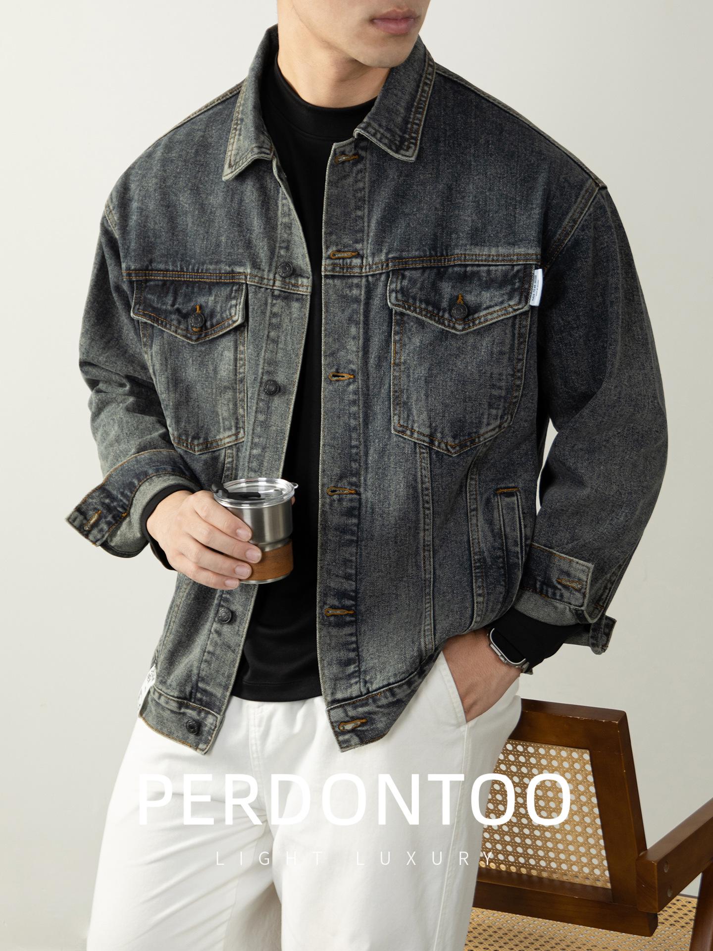 Классическая ретро-джинсовая куртка для мужчин, стилизованная под потертую, с хлопковым ощущением, для осенне-зимней повседневной носки M