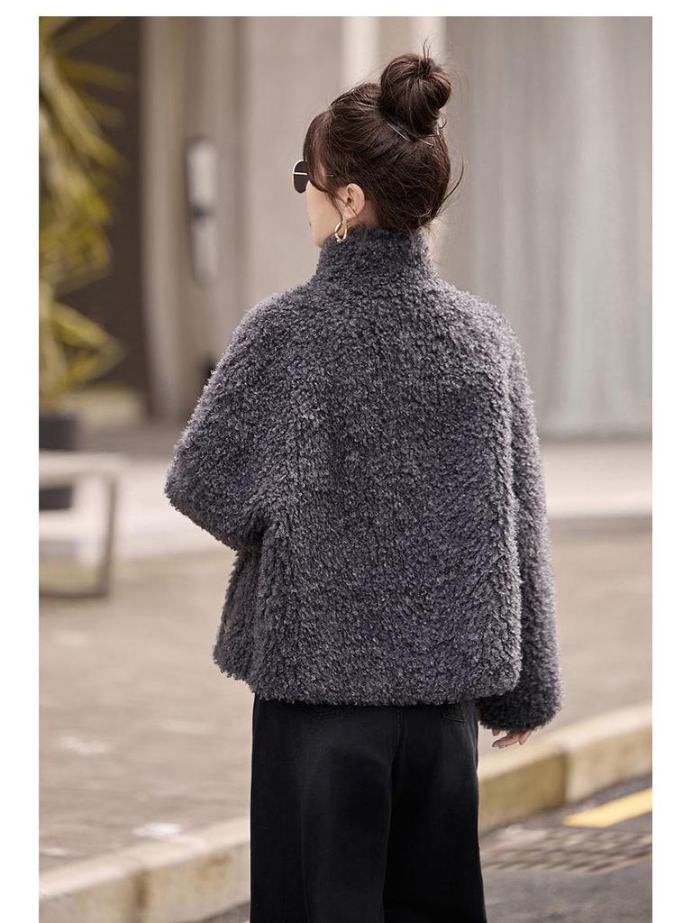 Women's Wool Fur-Trim Coat - Autumn/Winter, Casual Loose Fit, Stand-Up Collar, Single-Breasted (HE8835)