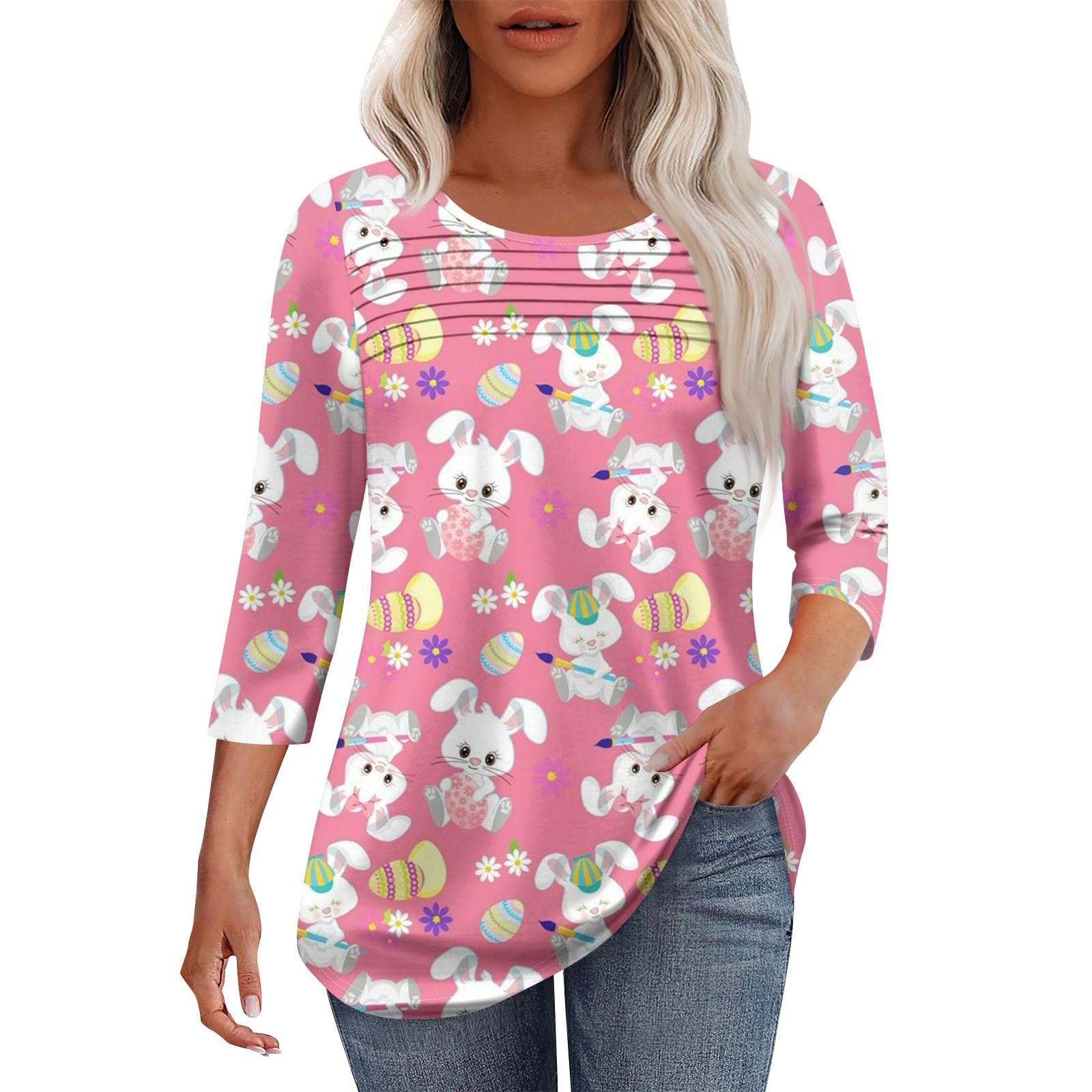 

Женская мода круглый вырез шея плиссированная передняя планка с принтом рукав 3/4 топ S розовый