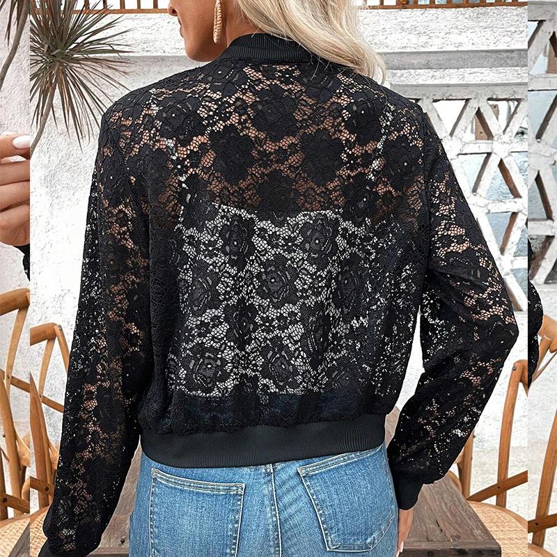 Nová elegantní dámská žakárová krajková průhledná bunda s krátkým zipem svrchní kabát