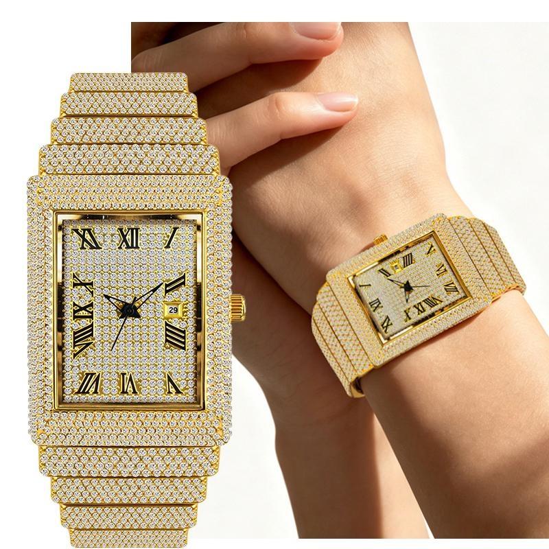 Damski Kwadratowy Zegarek z Diamentami Bling Iced Out Kwarcowy Zegarek na Rękę Cyfry Rzymskie Wodoodporny Modne Zegarki dla Mężczyzn