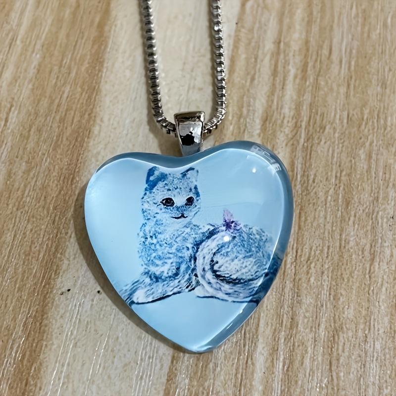 Cute Cat Pattern Heart-shaped Pendant Necklace, Cute Animal Jewelry, Birthday Party Graduation Gift Christmas Halloween Gift For Girls белый