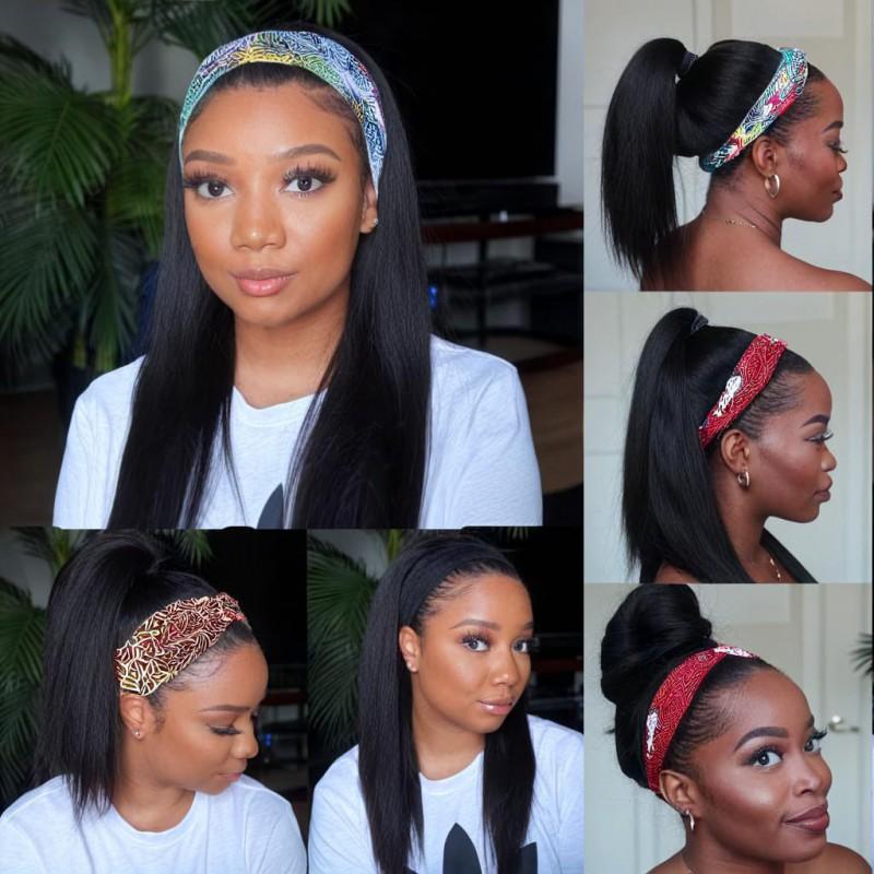 African Womens Black Headband Long Straight Synthetic Wig Xuchang