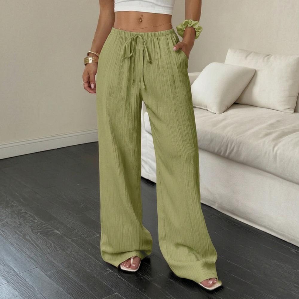 Damen Uni Strukturierte Weite Hosen, Knoten Taille Schrägtasche Lässige Lockere Hosen