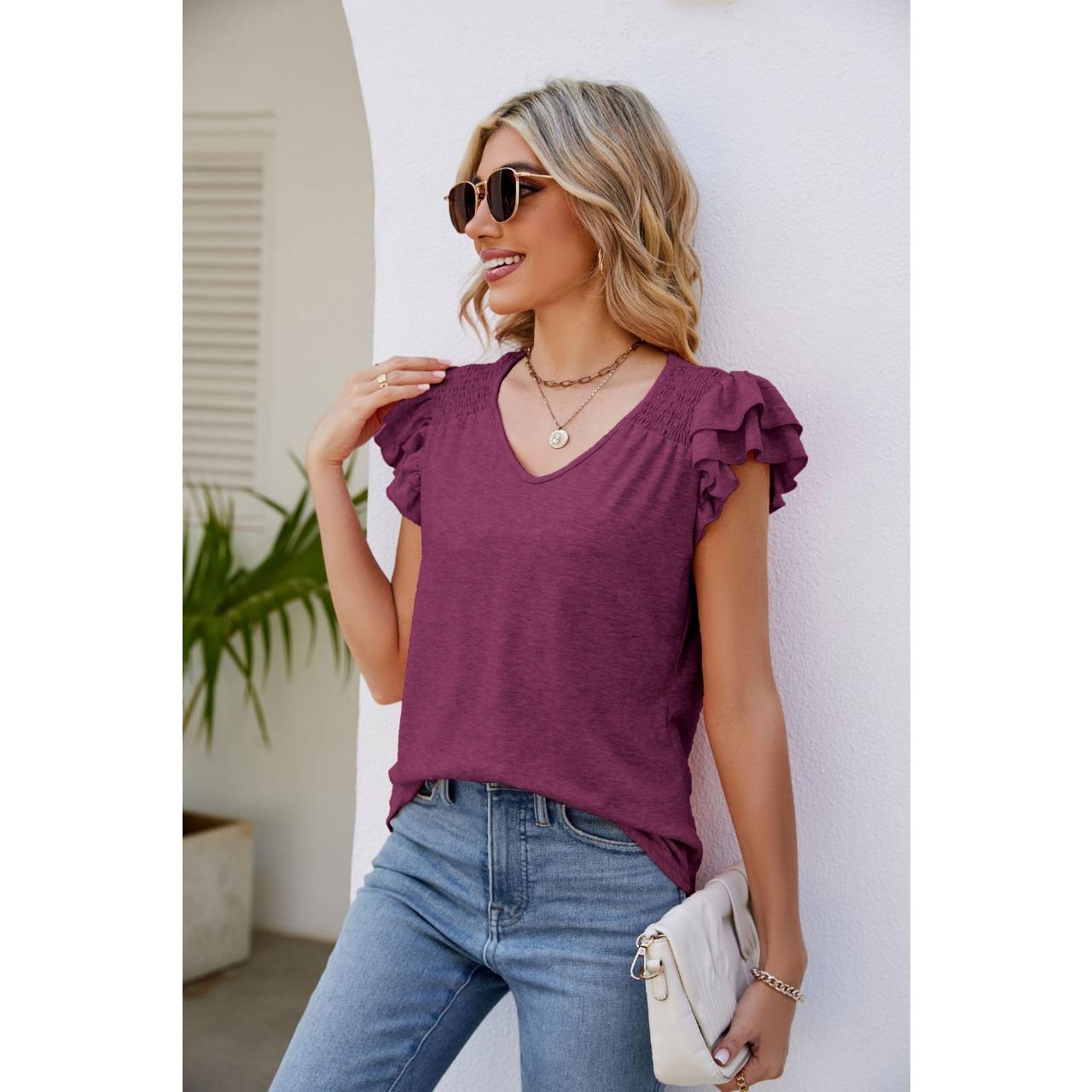 

GMXIA Women s Summer Top Solid Color V-neck Pleated Short Sleeve Casual Loose T-shirt S фіолетовий