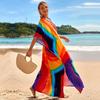 EDOLYNSA Multicolored Kaftan Bohemian Printed V-neck Batwing Sleeve Maxi Dress Women Beachwear Half Sleeve Maxi Dress Robe Q1342