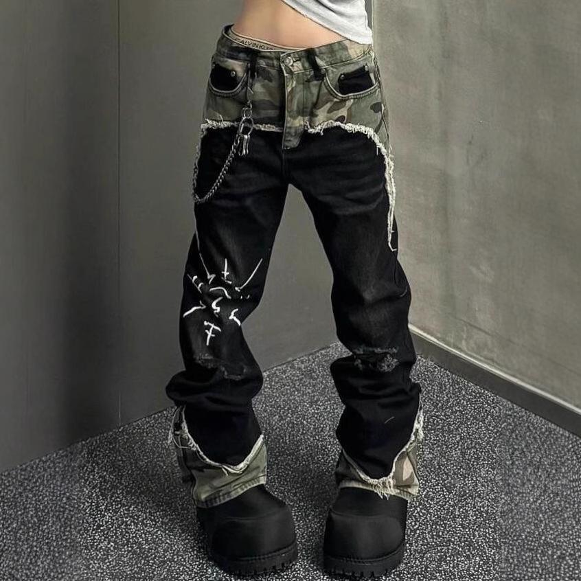 Women's Plus Size Retro Camo Patchwork Straight Leg Hip Hop Jeans