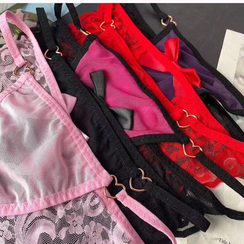 Sexy Women Thong Pants Temptation To Open Gear Hollow Out Briefs Perspective Lace Bow Underwear Low Waist Shorts Erotic Lingerie