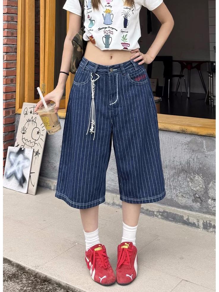 Women s Summer 2025 Embroidered Striped Denim Cropped Pants Medium