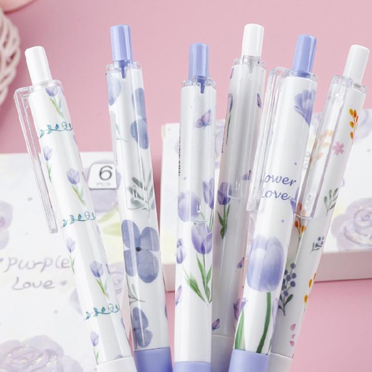6Pieces Retractable Flower Print Gel Pen 0.5MM Quick Drying Smooth Writing for Writing Noting Journaling Office Supplies