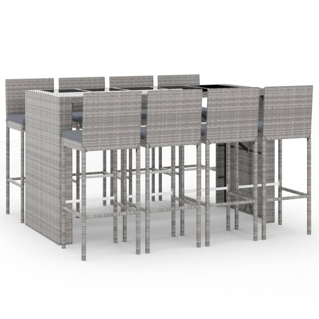 9 piece Garden Bar Set with Cushions Gray Poly Rattan
