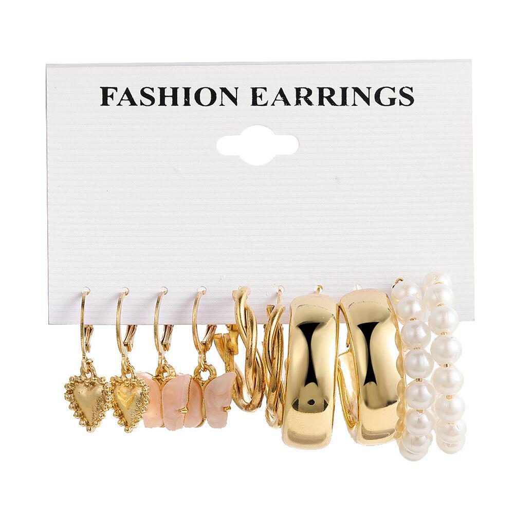 European & American Geometric C-Shaped Hoop Earrings: 6-Piece Gold & Pearl Wire-Wrapped Set for Women