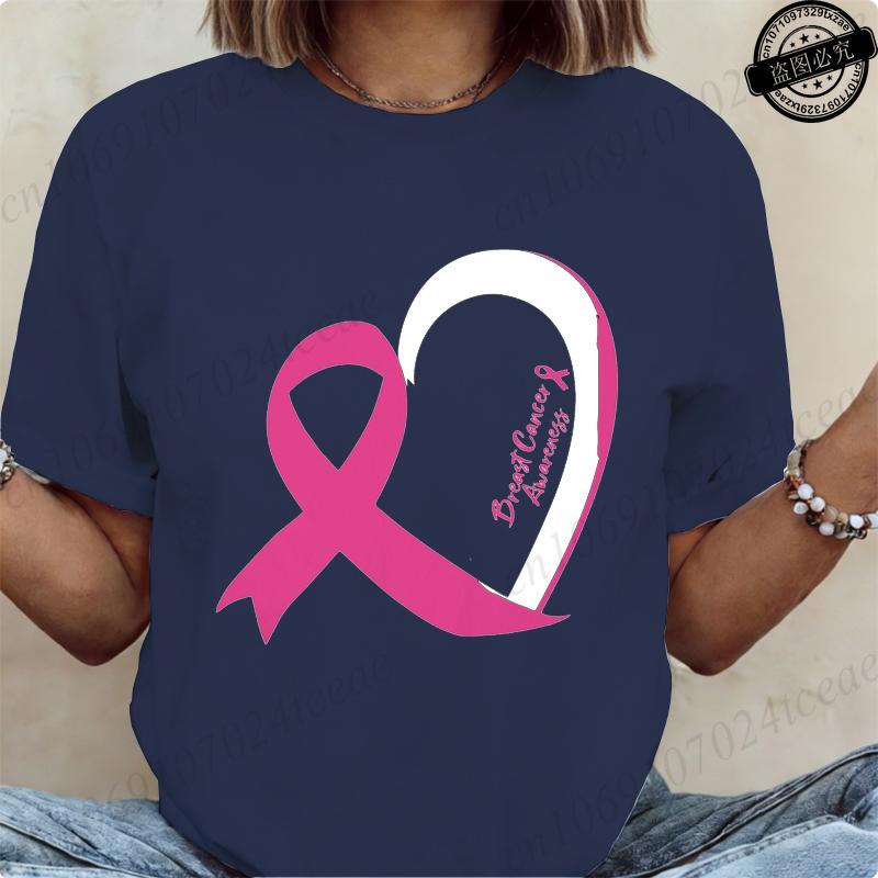 T-shirt a maniche corte da donna Maglietta Consapevolezza Cancro al Seno Nastro Rosa Maglietta con Stampa Abbigliamento Donna T Shirt Harajuku