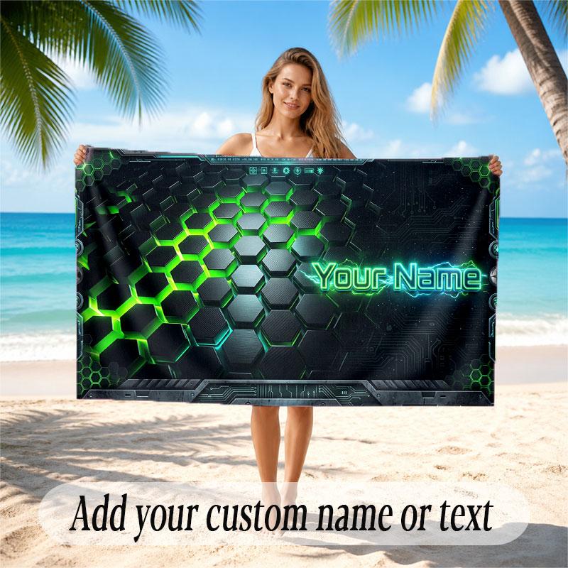 Abstract Geometric Theme Soft Beach Towel Personalized Custom Name Text Towel Portable for Beach Pool Travel