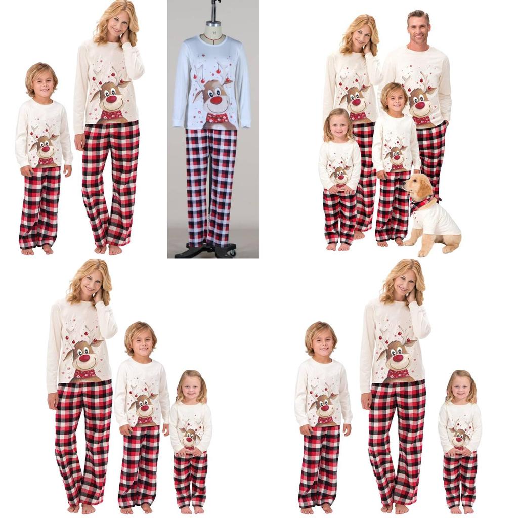 Stylish Christmas-themed Cotton Pajamas For Adults And Kids Long Sleeve 2-piece Set