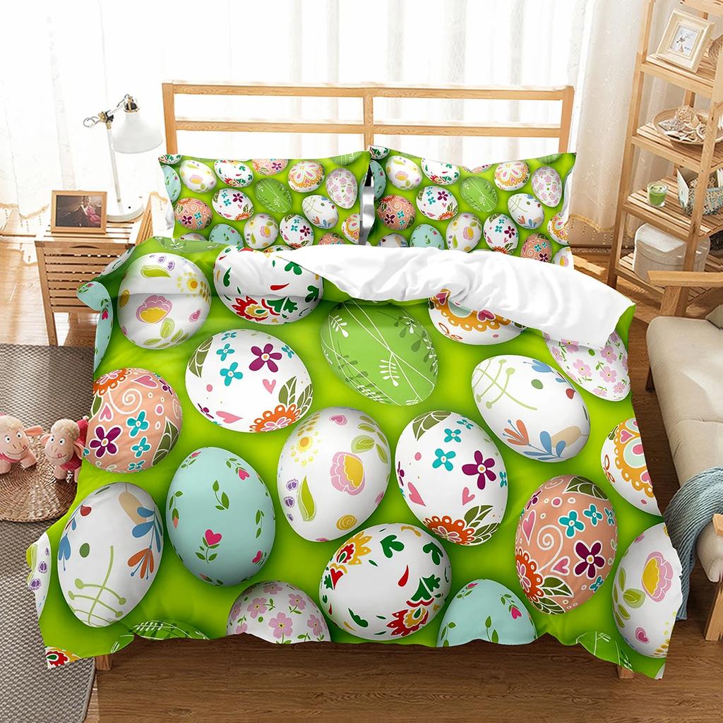 Happy Easter Duvet Eggs Rabbit Pattern Polyester Comforter Cover Festival Gifts for Kids Boys Girls Bedding Set with Pillowcase