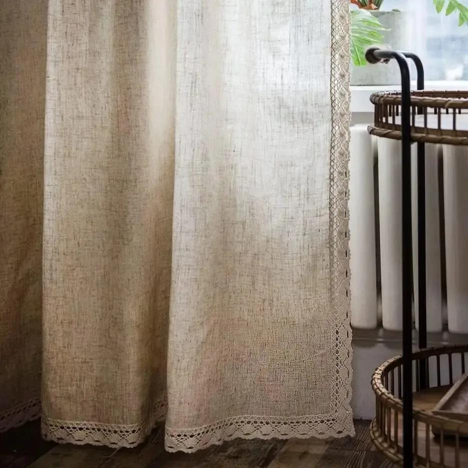 Boho Bloemen Beige Kwast Gordijnen Vintage Katoen Linnen Mix Semi Verduisterend voor Slaapkamer Woonkamer Huisdecoratie W60cmXH90cm