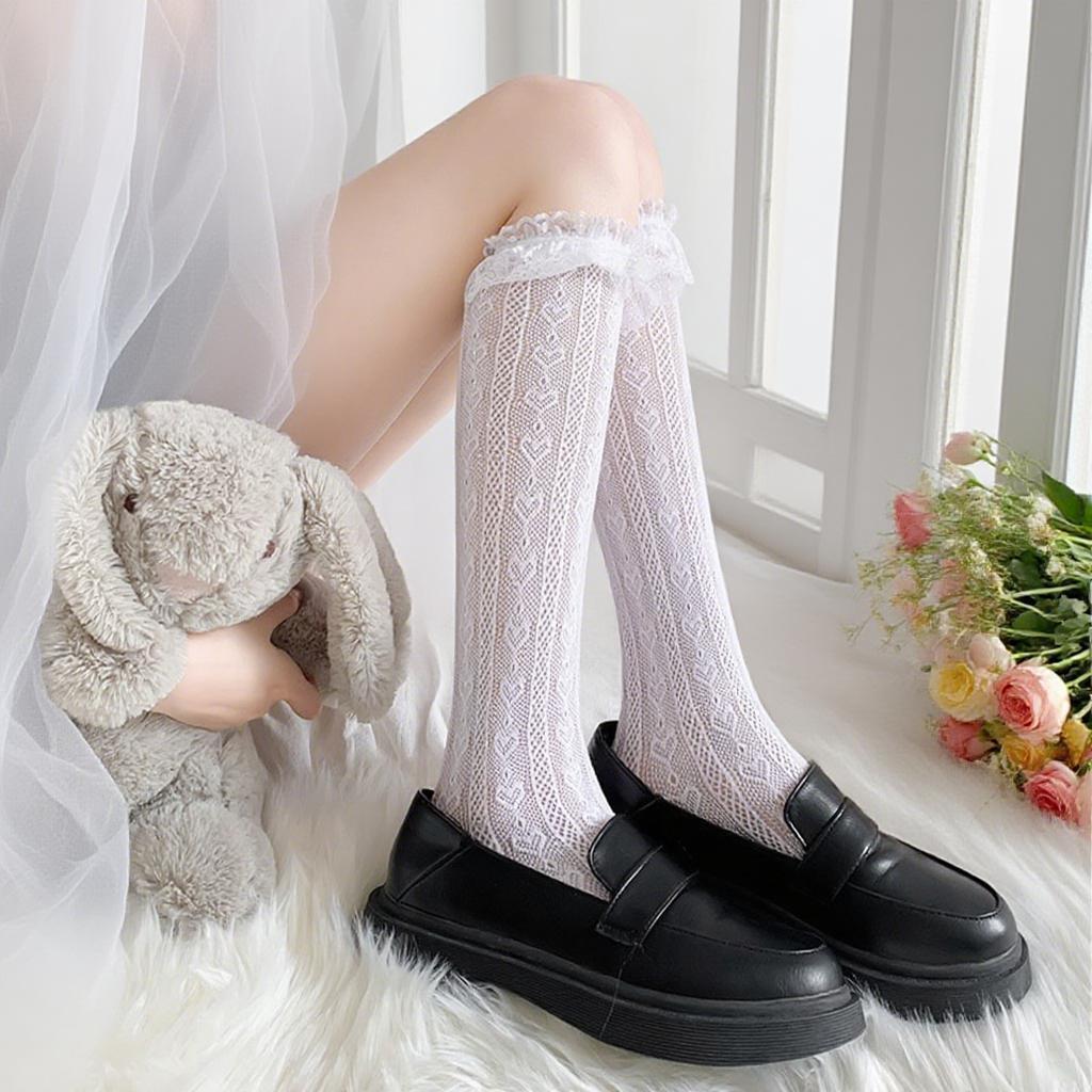 Lace Trim Fishnet Rose-Pattern Mid-Calf Lolita Socks - Women's Cute White Stockings