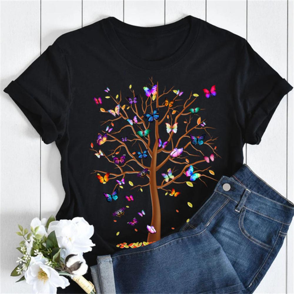 New Women T Shirt Fashion MOM Butterfly Floral Print Tshirt Casual Short Sleeve Tops Tee Women T-shirts 90s Lady Female T Shirt