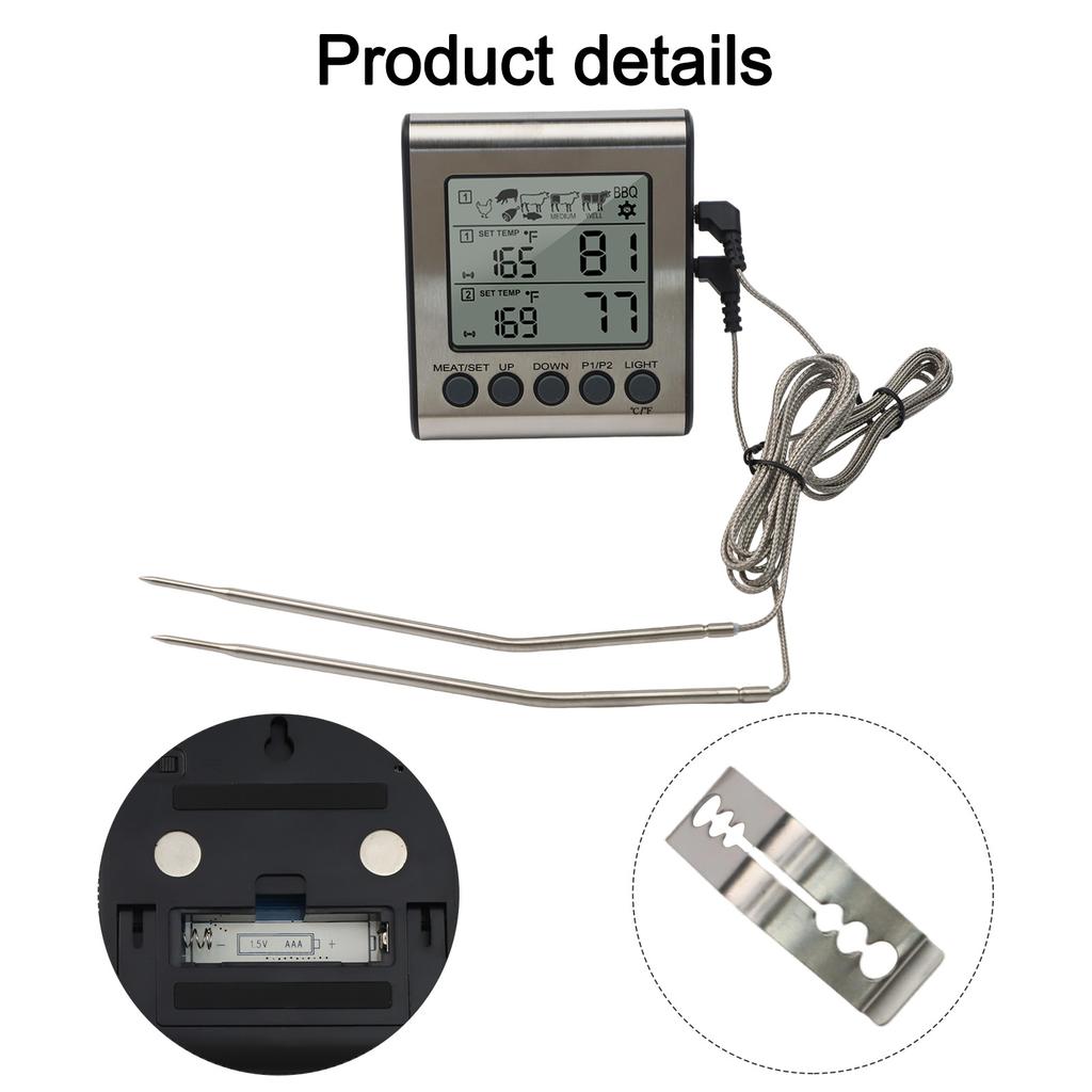 BBQ Thermometer Featuring Dual Probes and Backlit LCD Display with HiLow Alarm for Accurate Temperature Management