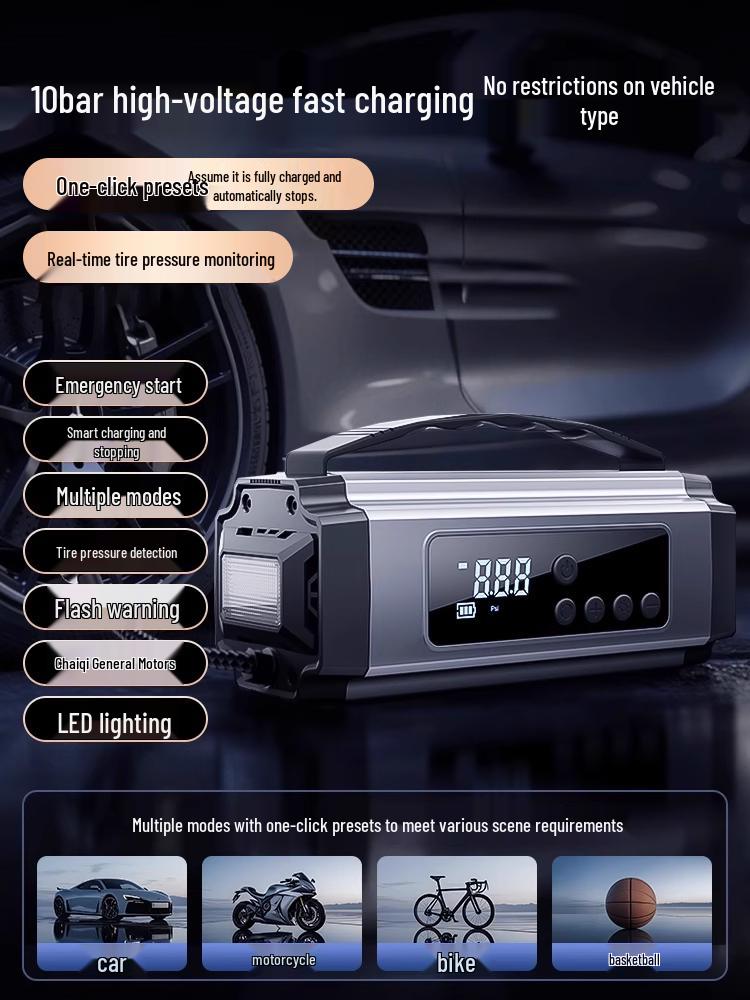 Electric Tire Inflator Pump with Pressure Gauge & Emergency Jump Starter