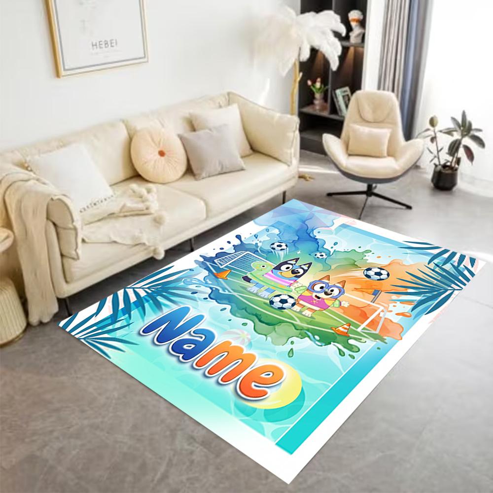 Bluey's Soccer Fun Customizable Name Floor Mat Suitable for Entryway Dormitory Dining Room Decorate room Anti-slip Rug Anime Office Decor