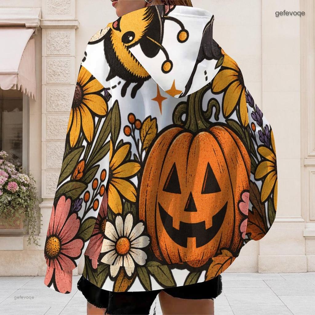 Women Plus Size Zip Up Hoodie Long Sleeve Drawstring Hood Pockets Halloween Printed Sweatshirt