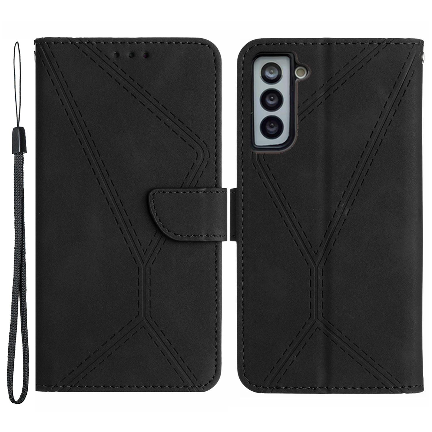 

HT05 Stand Case for Samsung Galaxy S21 FE 5G Imprinted Line Wallet Skin-touch PU Leather Cover Black