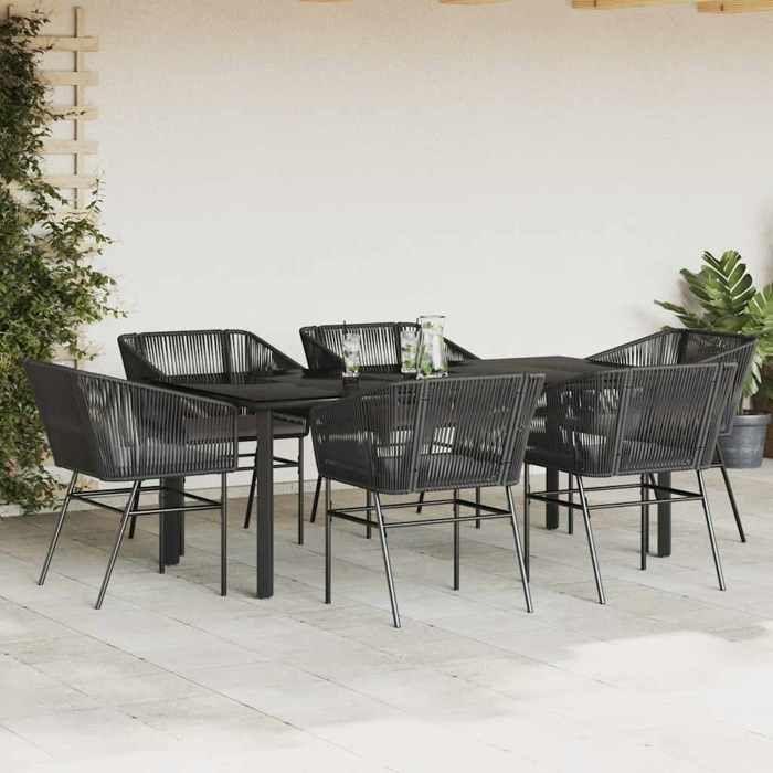 VidaXL Ensemble à manger de jardin coussins 7pcs noir poly rotin verre, ensemble de salle à manger d'extérieur 3334616