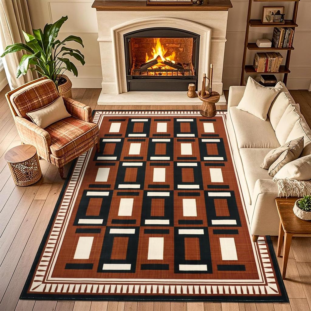 Brown Red Geometric Pattern Carpet Retro Warm Home Living Room Decorative Floor Mat Absorbent and Slip-resistant Home Decor Rug