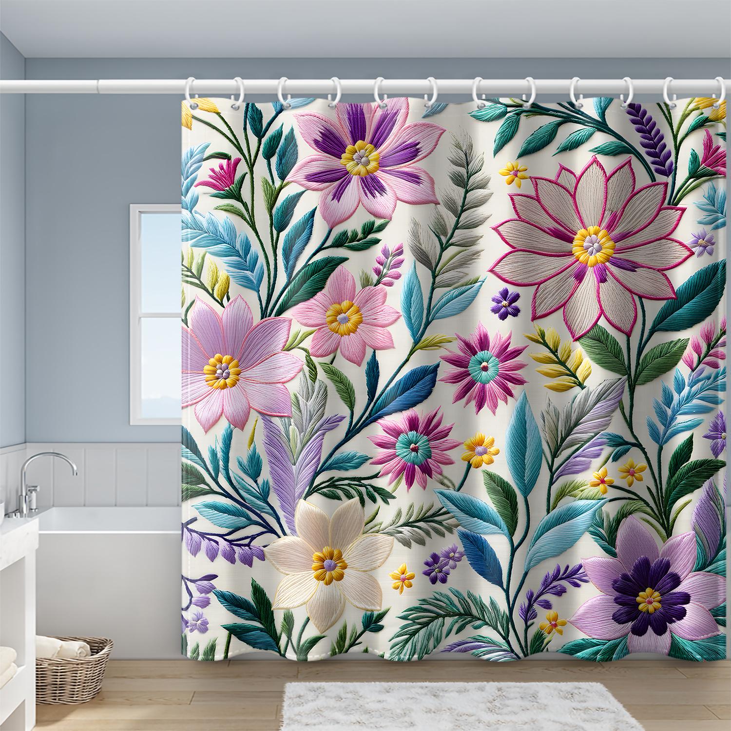 

1pc Spring Vibrant Pink Green Flowers Butterfly Embroidered Pattern Printed Shower Curtain, Polyester Fabric with Hooks, Simple 90x180cm