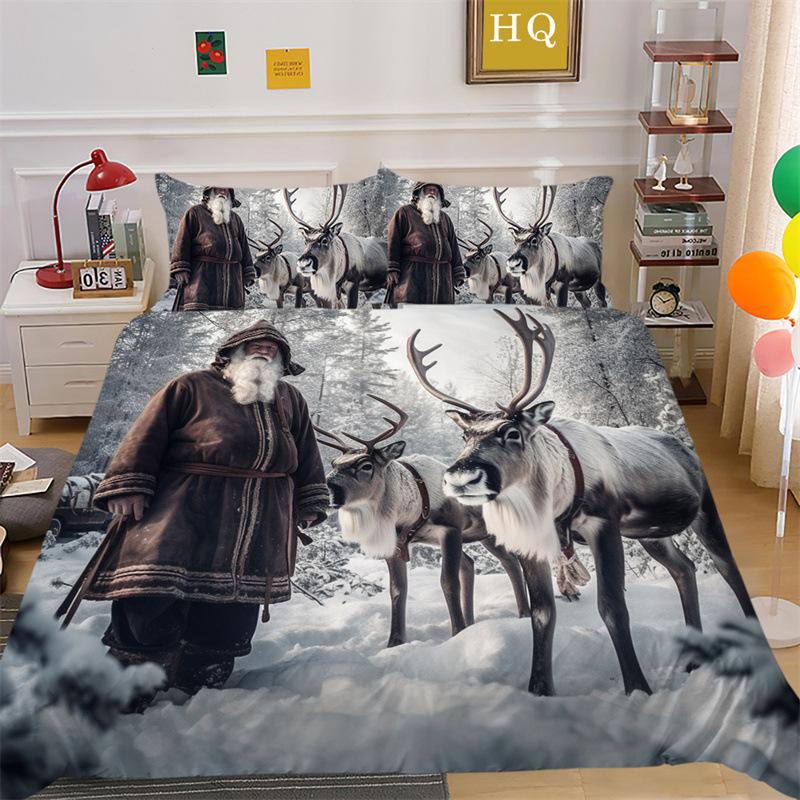 Jultomte Älg 3D-printad Polyester Kuddfodral Täcke Överdrag Två Eller Tre Delars Set