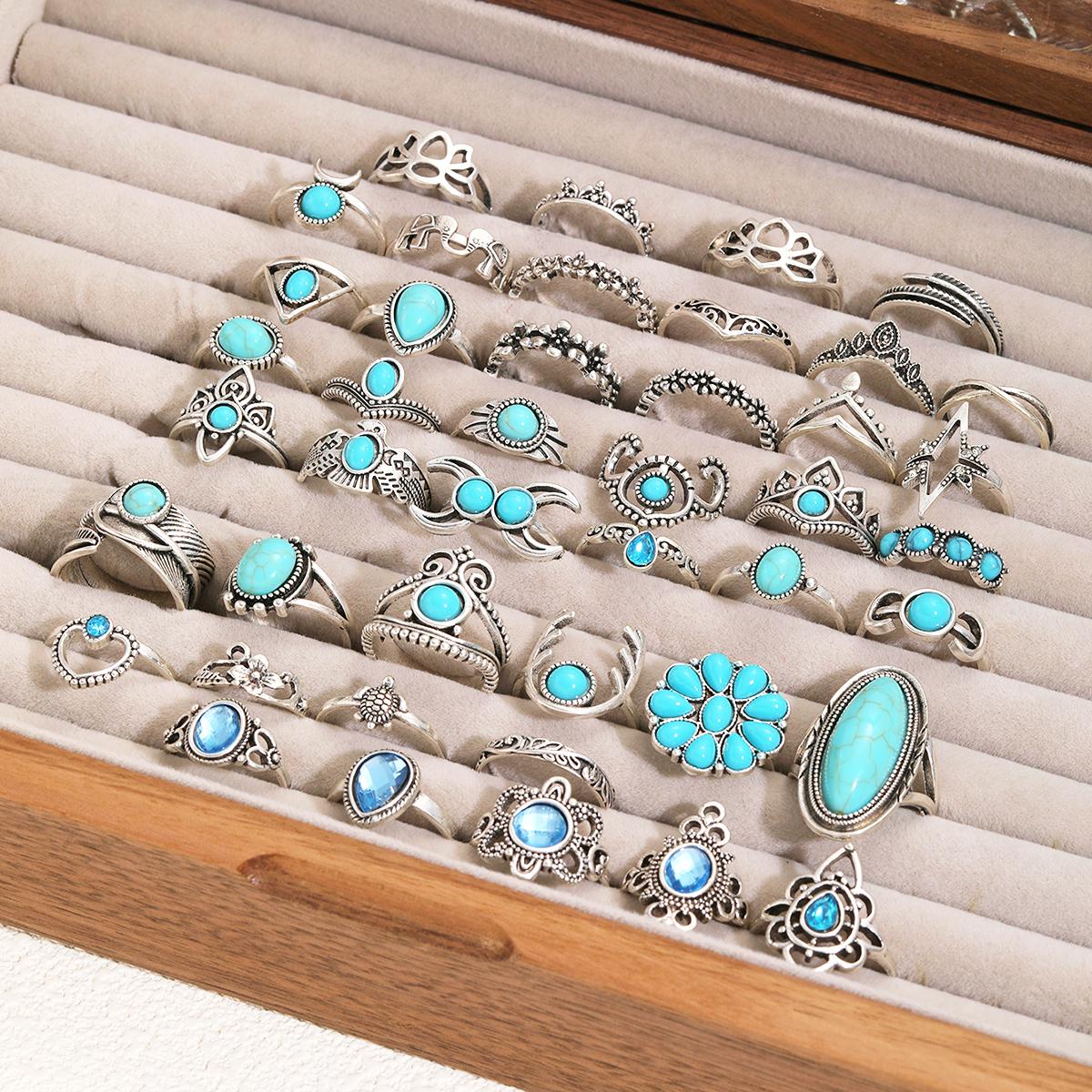 43Pcs/Set Turquoise Bohemia Vintage Rings for Women Mix Style Ethnic Feather Crown Flower Bird Ring Set Party Jewelry Decoration