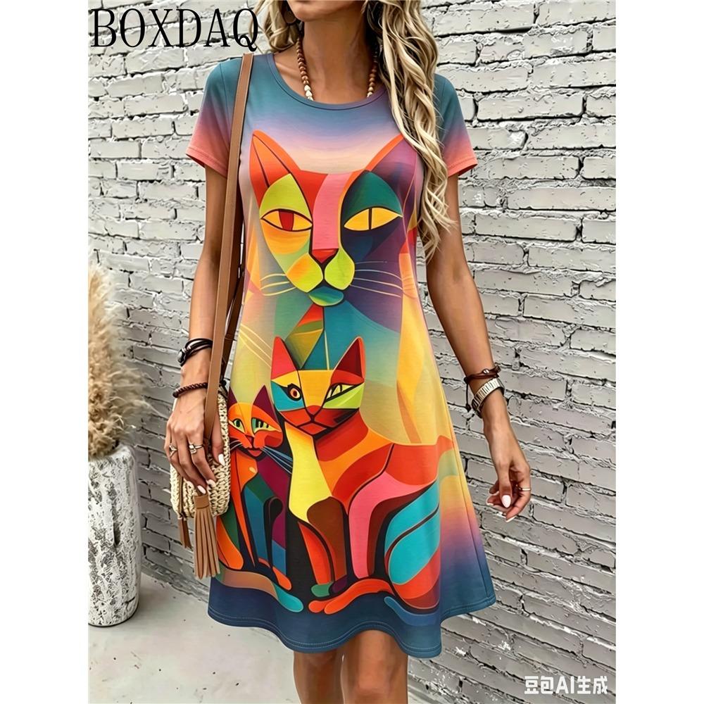 Fashionable and Casual Round Neck Short Sleeved Cat Print Loose Fitting Pullover Women's Summer Dress