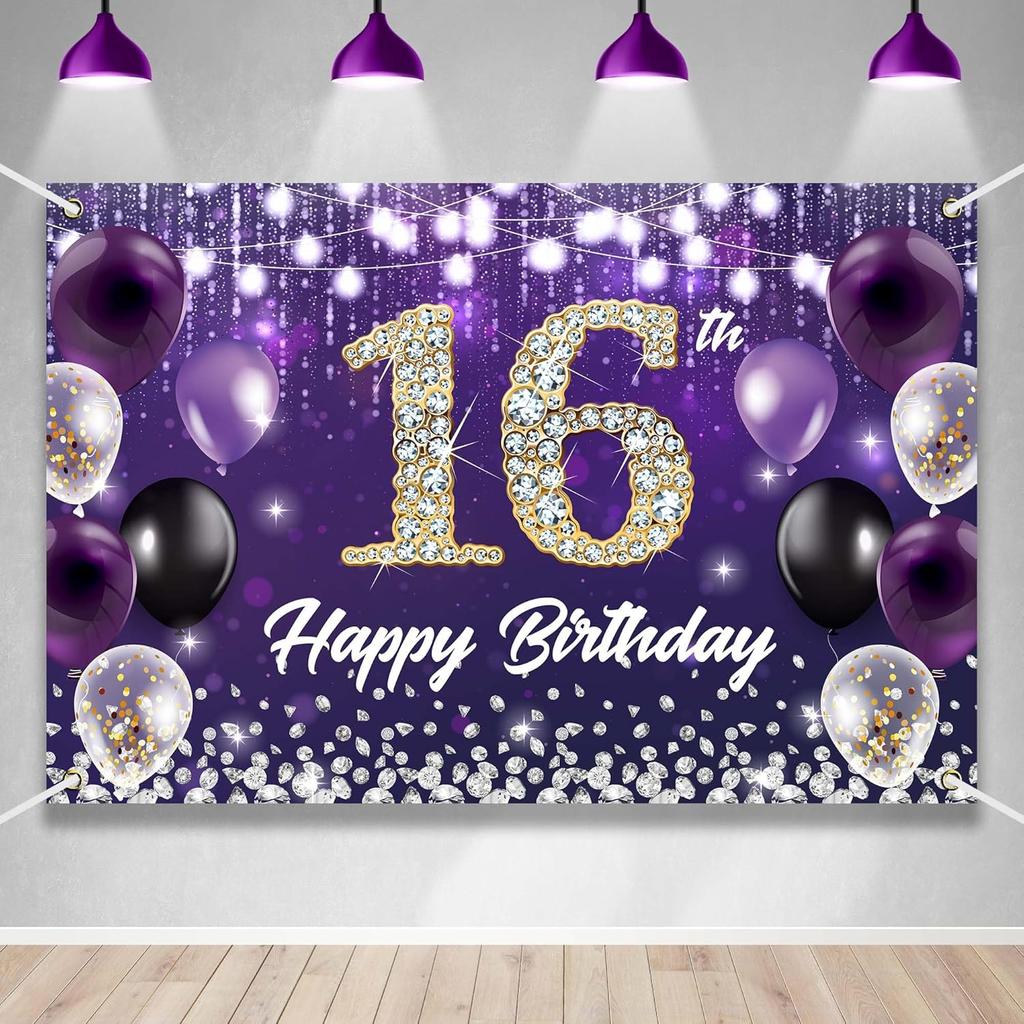Happy 60th Birthday Backdrop Banner Purple Theme Background with Shiny Diamond Noble Elegant Birthday Party Photo Photography Prop Booth Background