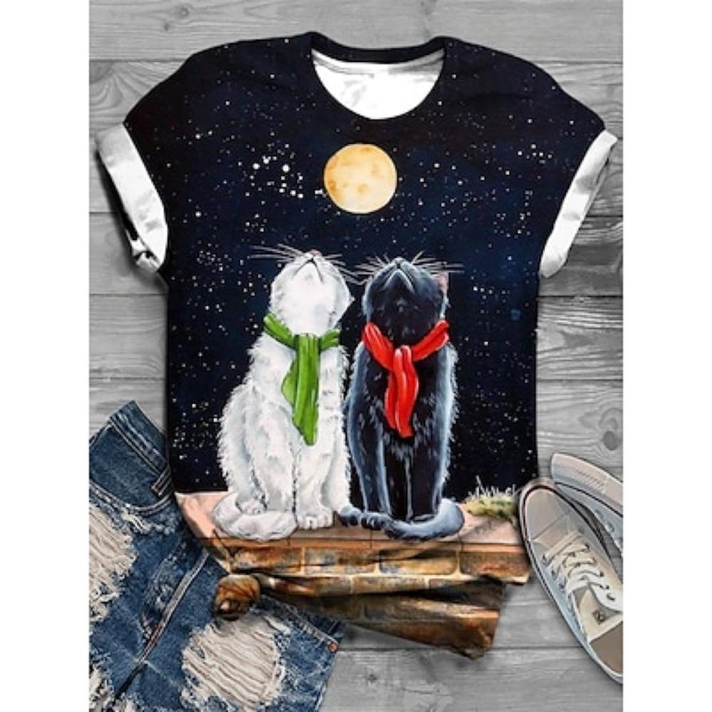 

Женская футболка с принтом кота, повседневная, выходного дня, модная, с коротким рукавом, с круглым вырезом, белая, летняя 5XL