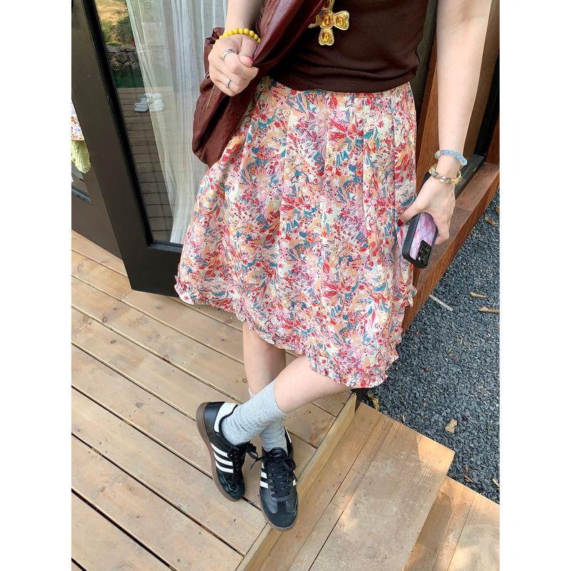 Kumikumi Gentle Floral Skirt A- Line Skirt Women's Autumn Drape Drawstring High Waist Swing Dress Midi Skirt