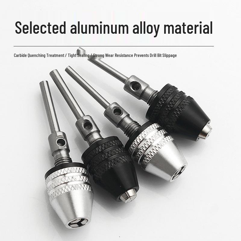 Quick-Change Mini Electric Drill with Three-Jaw Chuck, Hex Extension Rod, and Twist Drill Bit Adapter.